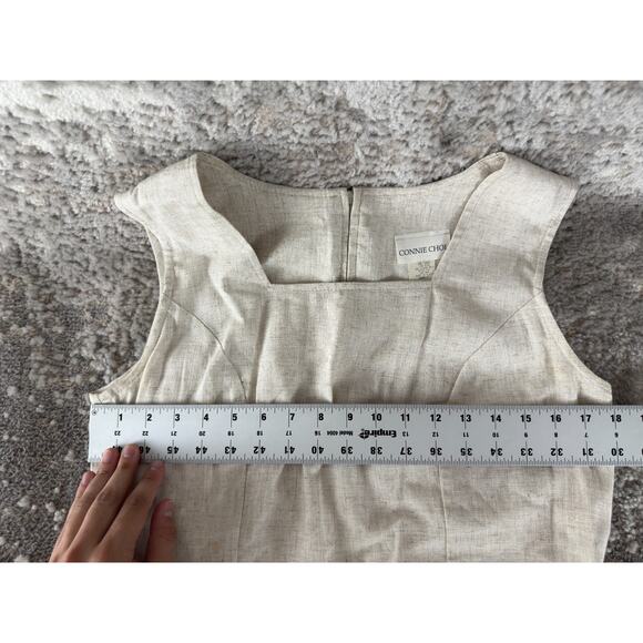 Connie Choi Size S Linen Blend Square Neck Mini Shift Dress Beige Sleeveless Zip - Picture 6 of 10